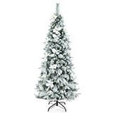 Snow Flocked Christmas Pencil Tree with Berries and Poinsettia Flowers