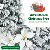 Snow Flocked Christmas Pencil Tree with Berries and Poinsettia Flowers