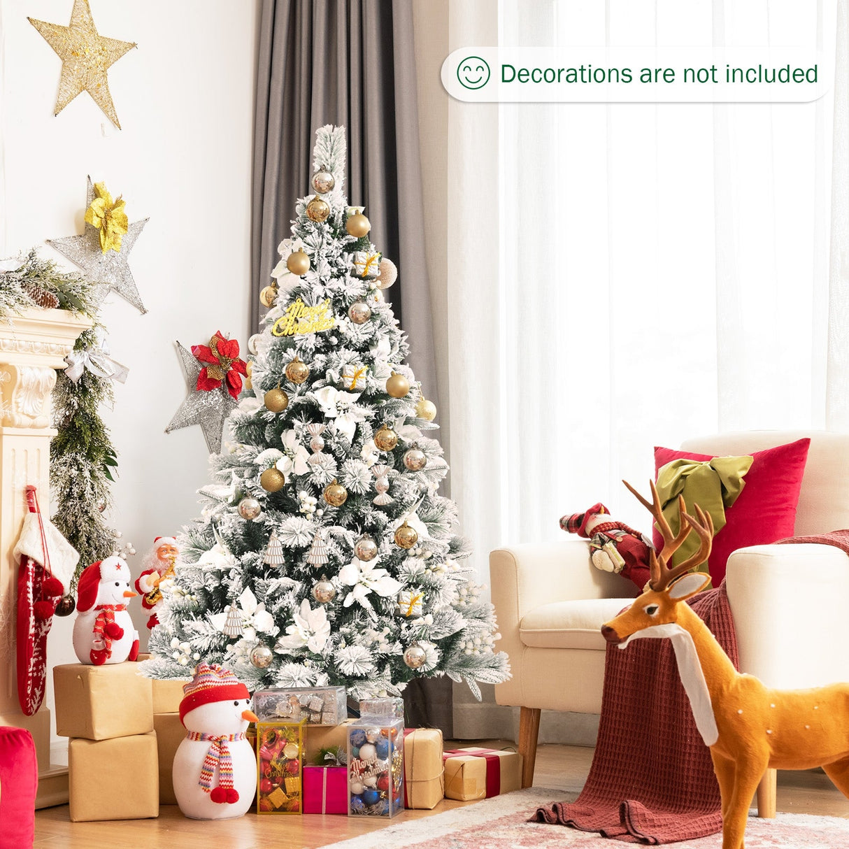 Árbol de Navidad Artificial Nevada de 5 Pies con Bisagras, Bayas y Flores de Pascua
