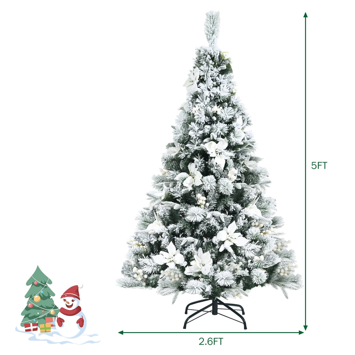 Árbol de Navidad Artificial Nevada de 5 Pies con Bisagras, Bayas y Flores de Pascua