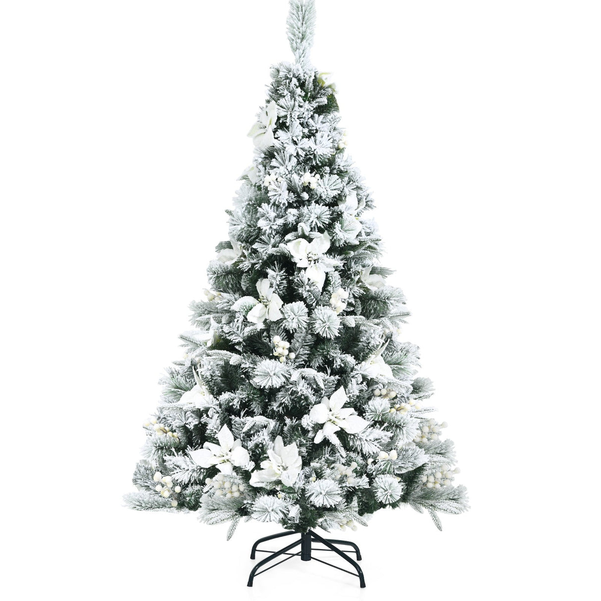 Árbol de Navidad Artificial Nevada de 5 Pies con Bisagras, Bayas y Flores de Pascua