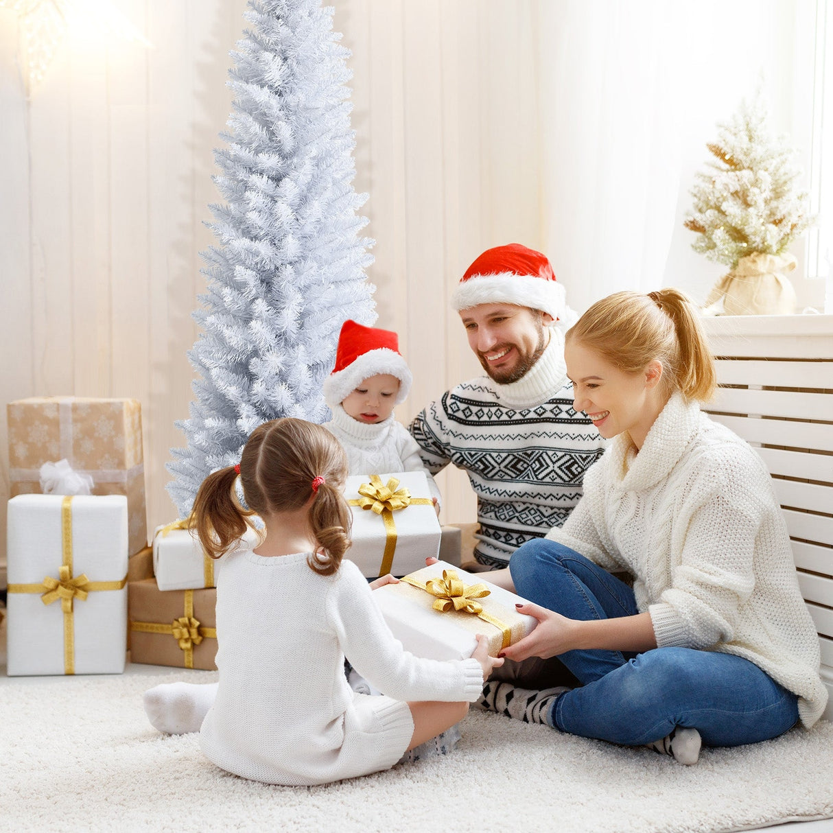 Árbol de Navidad artificial delgado tipo lápiz sin luces de 1,8 m con soporte metálico