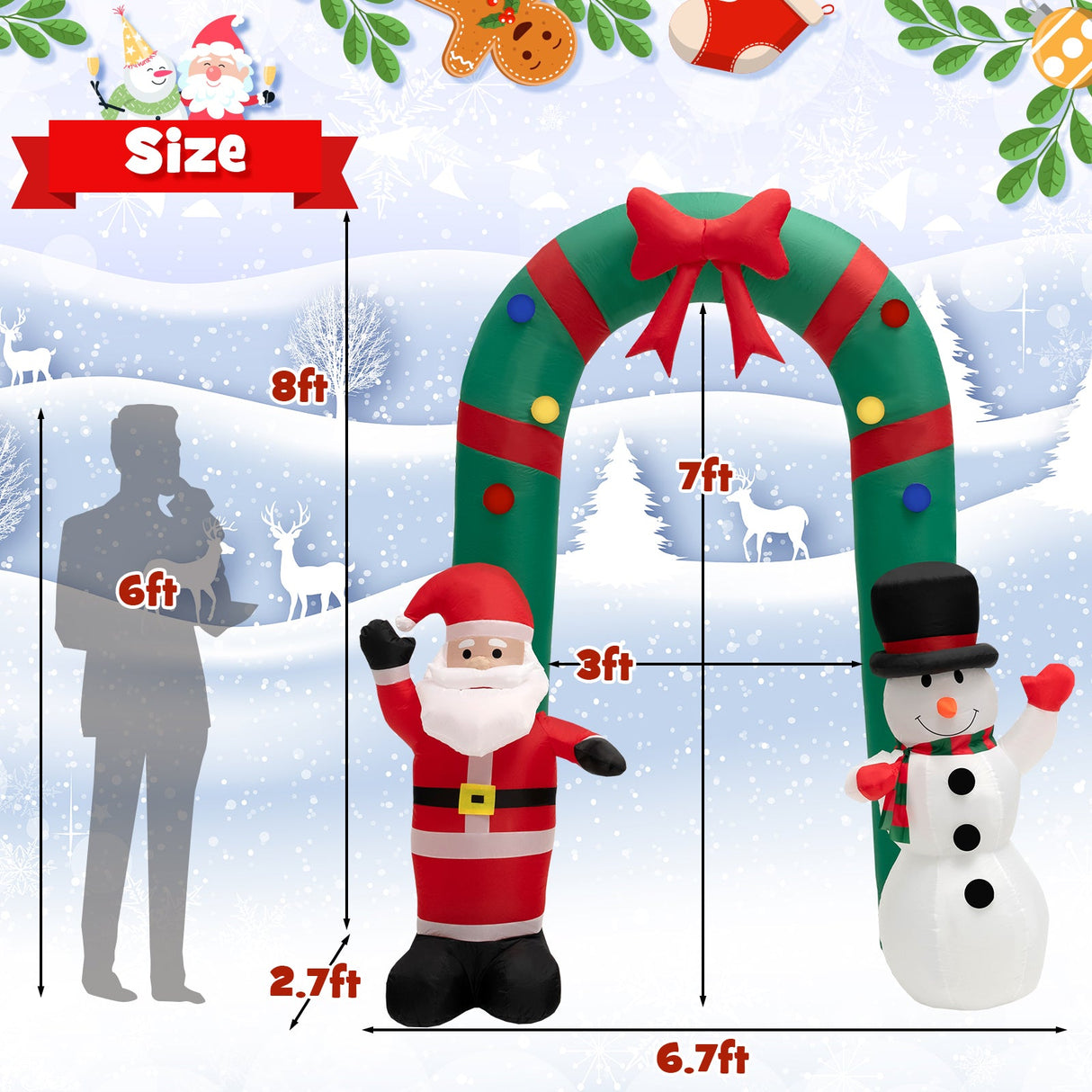 Arco inflable de Navidad de 8 pies con Papá Noel y Muñeco de Nieve