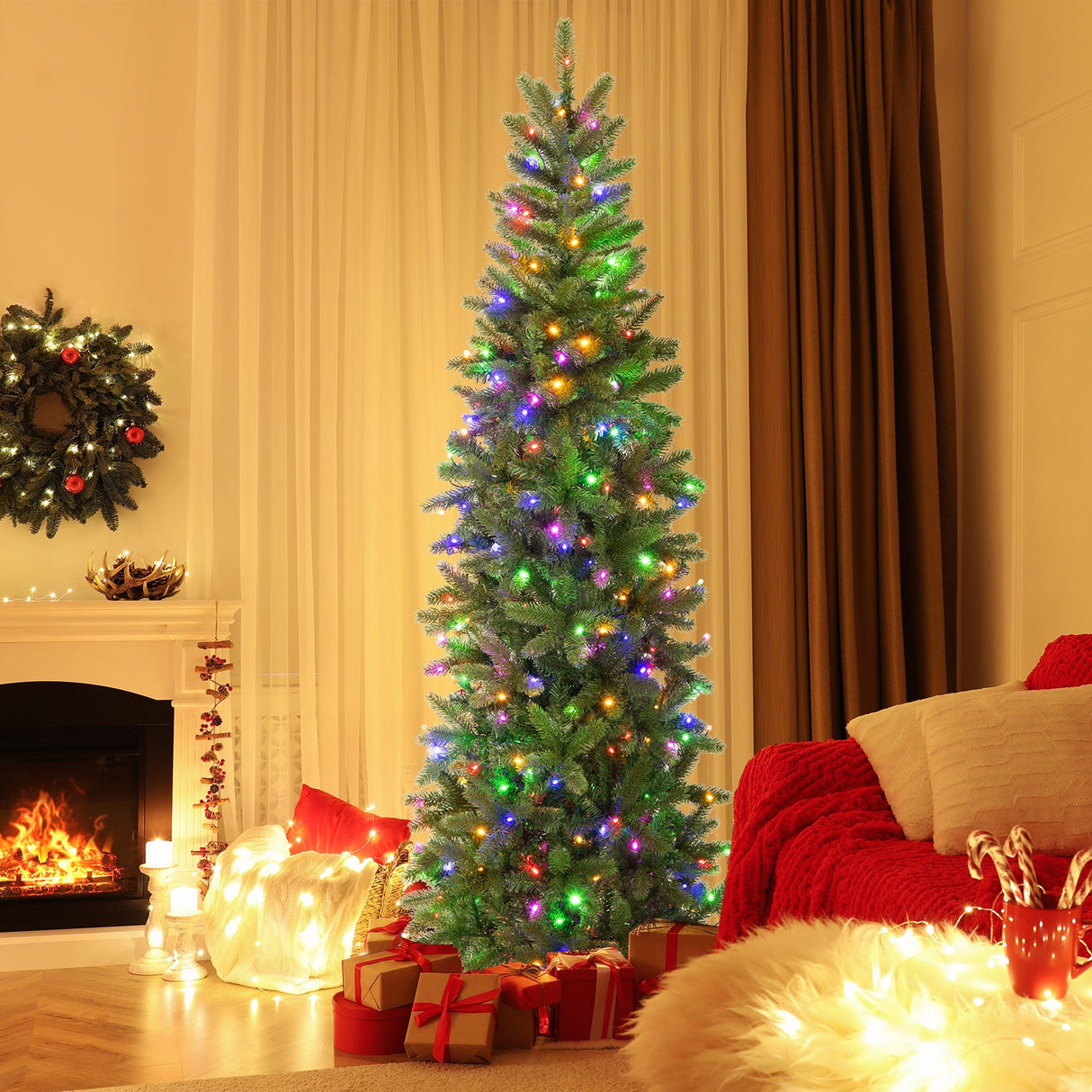 Árbol de Navidad artificial preiluminado de 7.5 pies con luces LED blancas cálidas y de varios colores