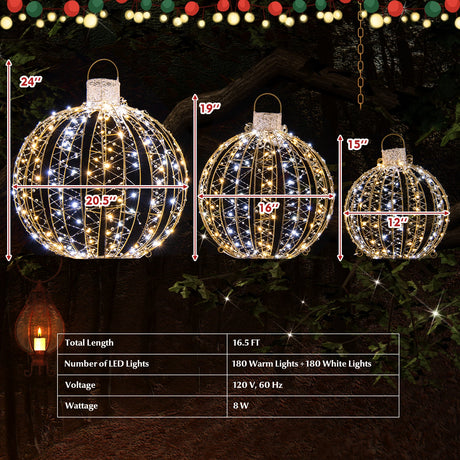 Paquete de 3 bolas de luz LED navideñas con bridas y 6 estacas - Dorado