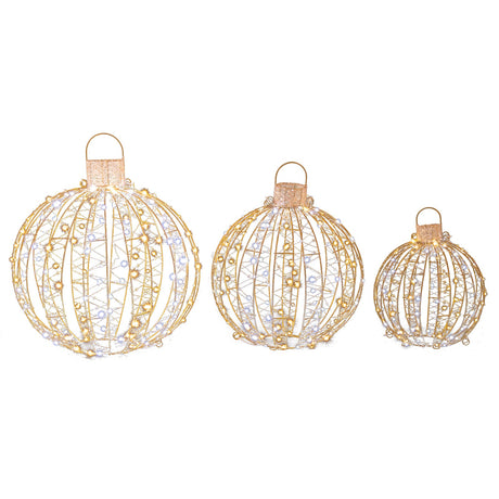 Paquete de 3 bolas de luz LED navideñas con bridas y 6 estacas - Dorado