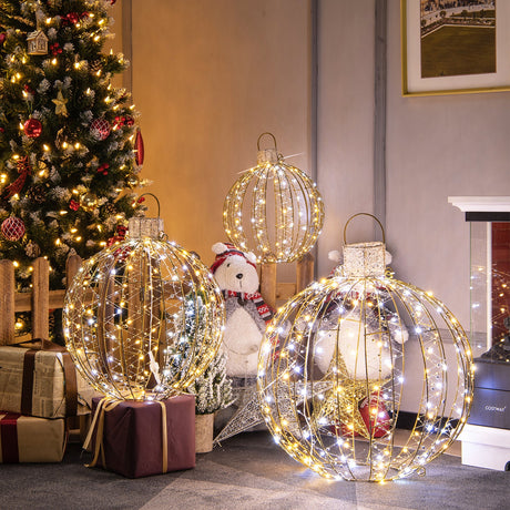 Paquete de 3 bolas de luz LED navideñas con bridas y 6 estacas - Dorado
