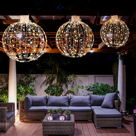 Paquete de 3 bolas de luz LED navideñas con bridas y 6 estacas - Dorado