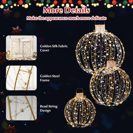 Paquete de 3 bolas de luz LED navideñas con bridas y 6 estacas - Dorado
