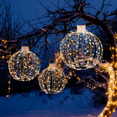 Paquete de 3 bolas de luz LED navideñas con bridas y 6 estacas - Dorado