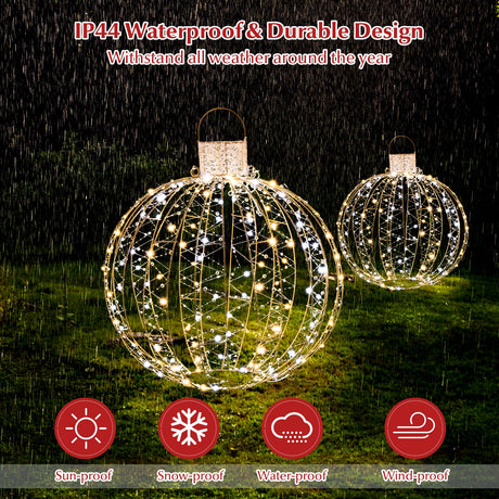 Paquete de 3 bolas de luz LED navideñas con bridas y 6 estacas - Dorado