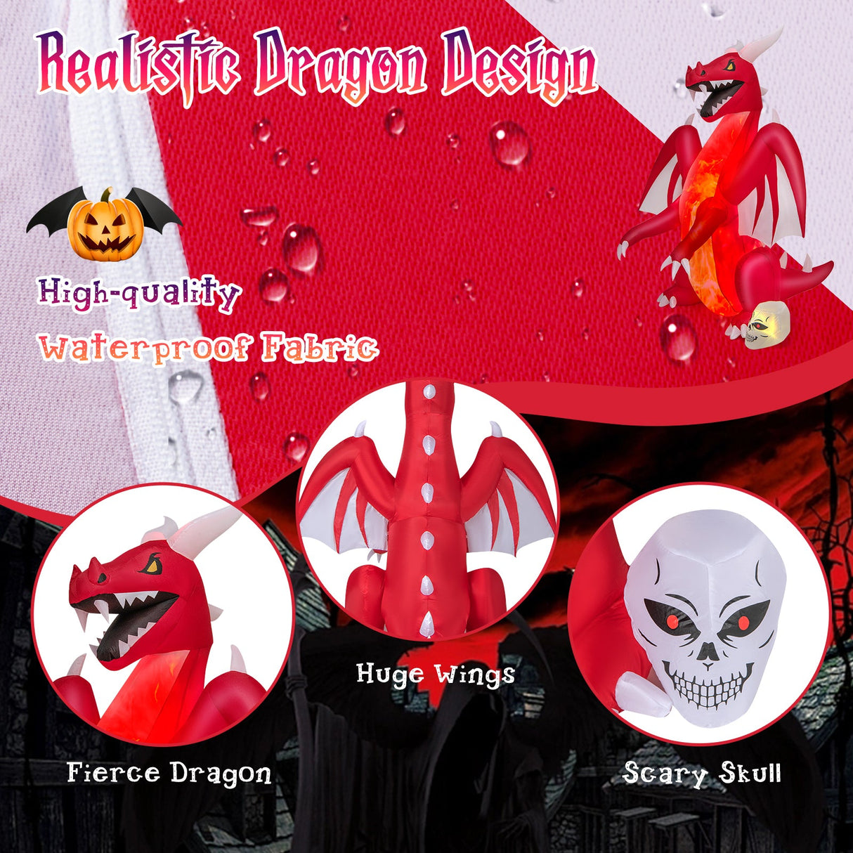 Inflables de Halloween de 8 pies, dragón rojo inflable con alas y calavera