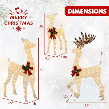 Familia de 3 Renos de Navidad Preiluminados con 230 Luces LED Blancas Cálidas