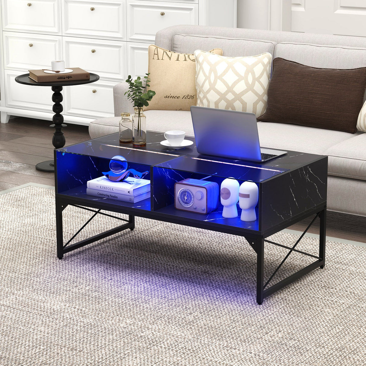 Center Table with Faux Marble and Tempered Glass Top