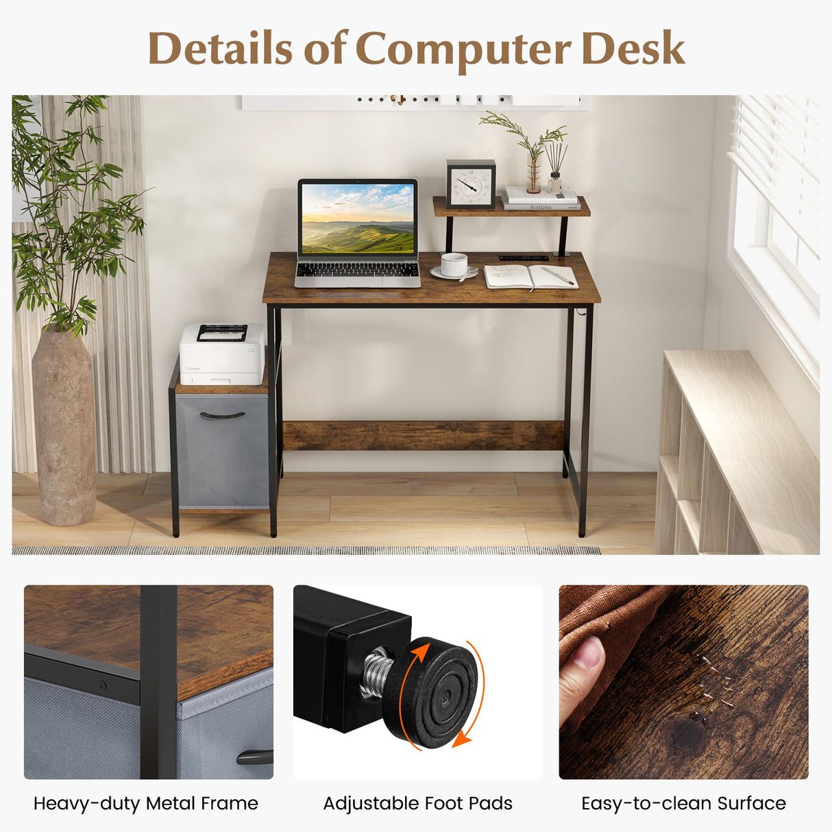 Escritorio de computadora con cajón de almacenamiento reversible y estante movible - Marrón