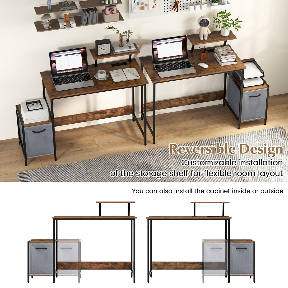 Escritorio de computadora con cajón de almacenamiento reversible y estante movible - Marrón