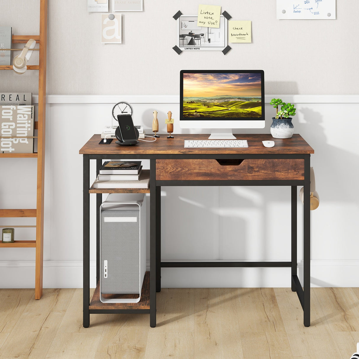 Escritorio de computadora con estación de carga y cajón y estante ajustable - Marrón rústico