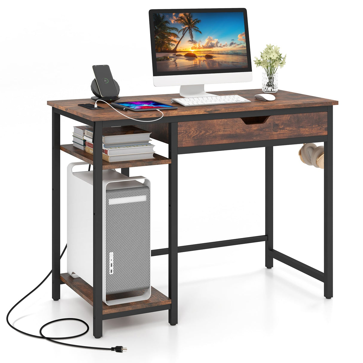 Escritorio de computadora con estación de carga y cajón y estante ajustable - Marrón rústico