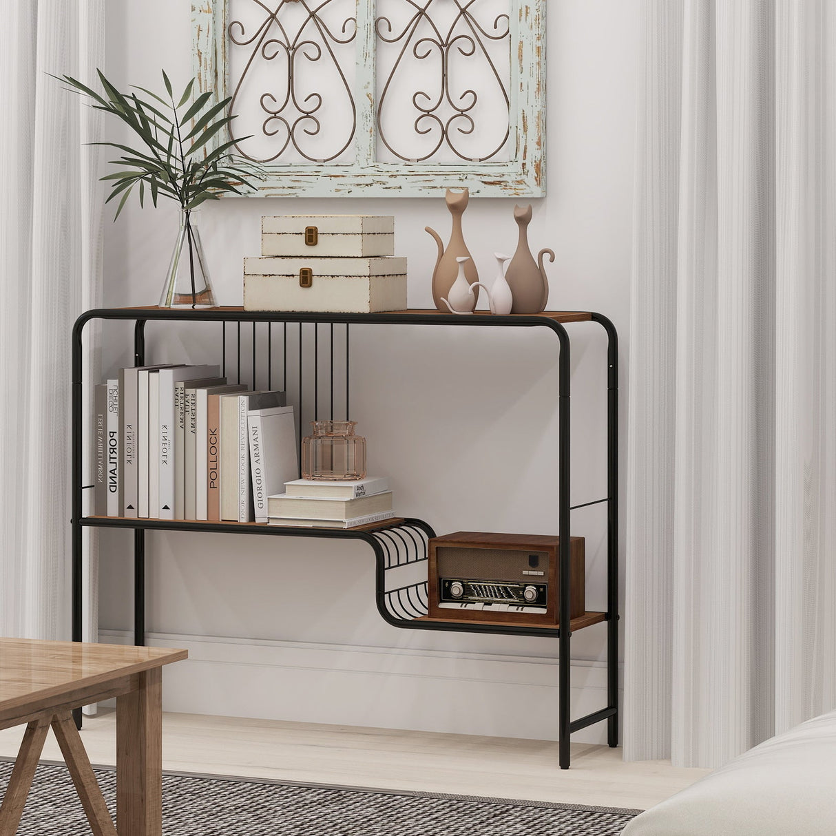 Mesa consola con estante de almacenamiento y estructura de metal para sala de estar