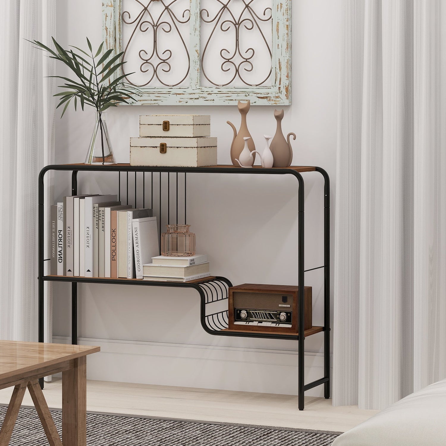 Mesa consola con estante de almacenamiento y estructura de metal para sala de estar