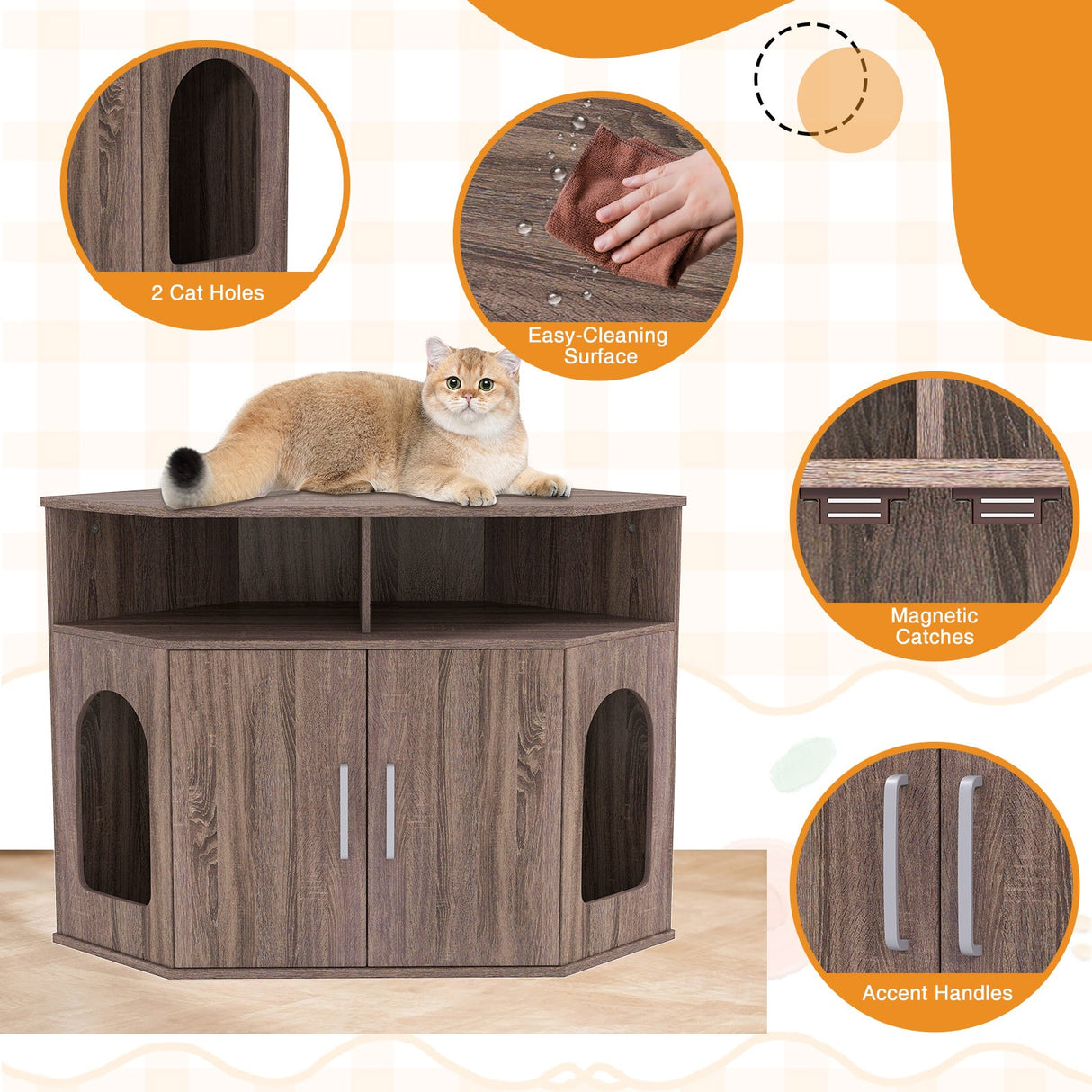 Arenero esquinero para gatos con estantes de almacenamiento y puertas dobles - Gris