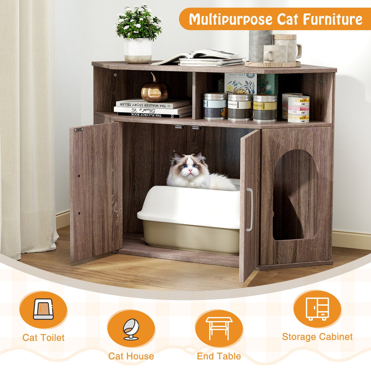 Arenero esquinero para gatos con estantes de almacenamiento y puertas dobles - Gris