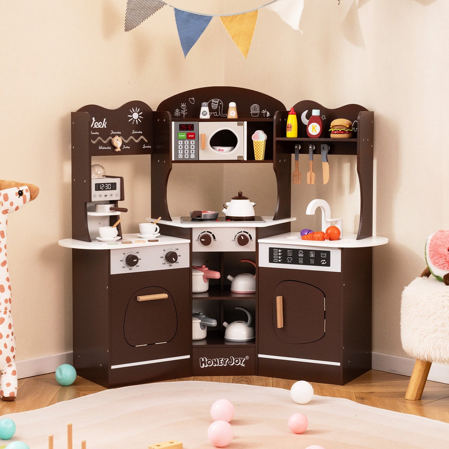 Corner Wooden Play Kitchen with Coffee Machine and Slide for Kids