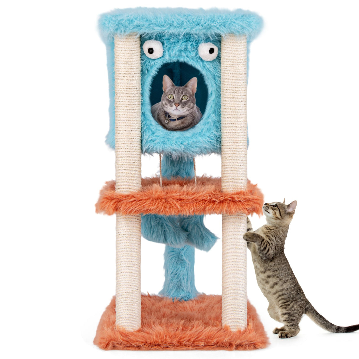Bonita torre para gatos con temática de monstruos, condominio privado y felpa suave de pelo largo - Azul