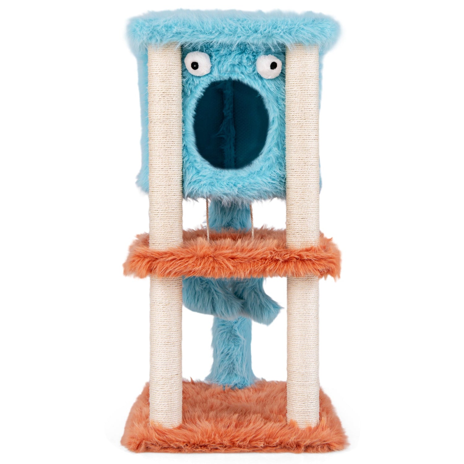 Bonita torre para gatos con temática de monstruos, condominio privado y felpa suave de pelo largo - Azul