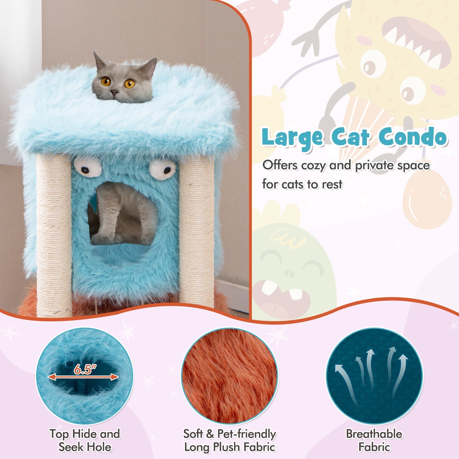Bonita torre para gatos con temática de monstruos, condominio privado y felpa suave de pelo largo - Azul