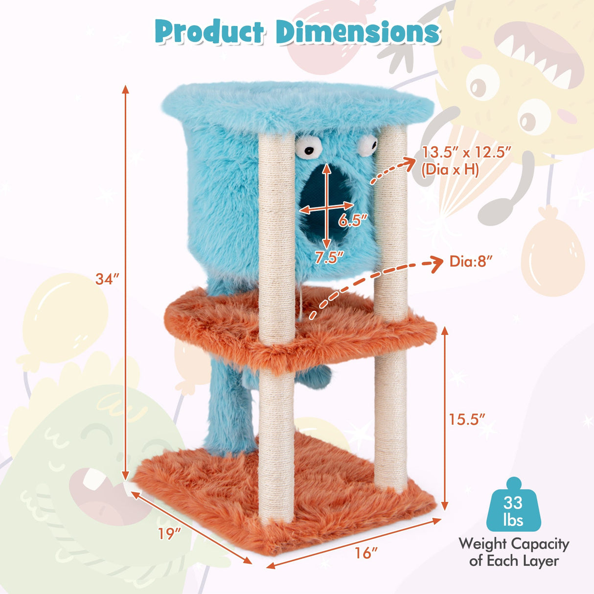 Bonita torre para gatos con temática de monstruos, condominio privado y felpa suave de pelo largo - Azul