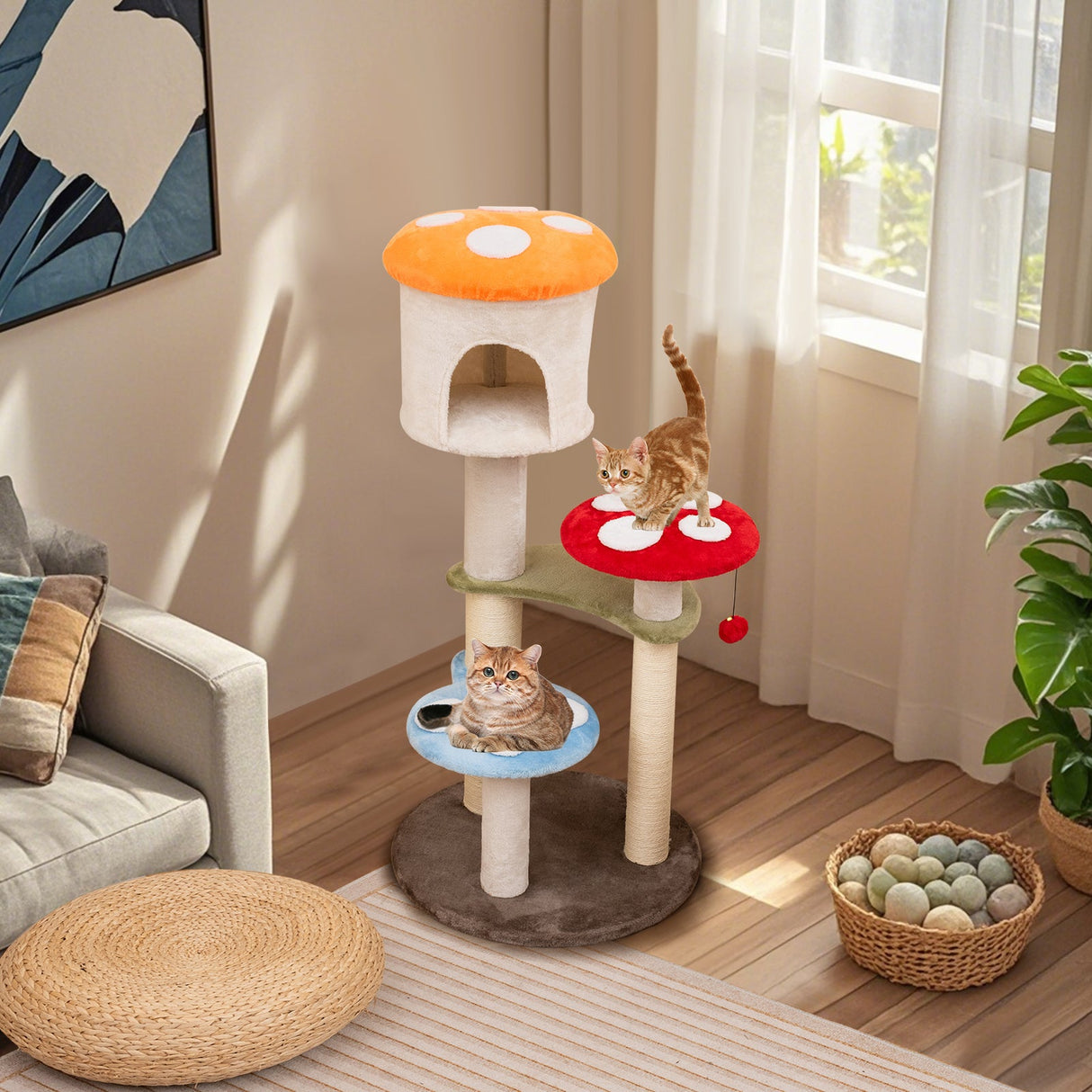 Bonito Árbol Rascador para Gatos con forma de Seta, Postes Rascadores de Sisal, Condo Superior y Plataformas Acolchadas-Multicolor