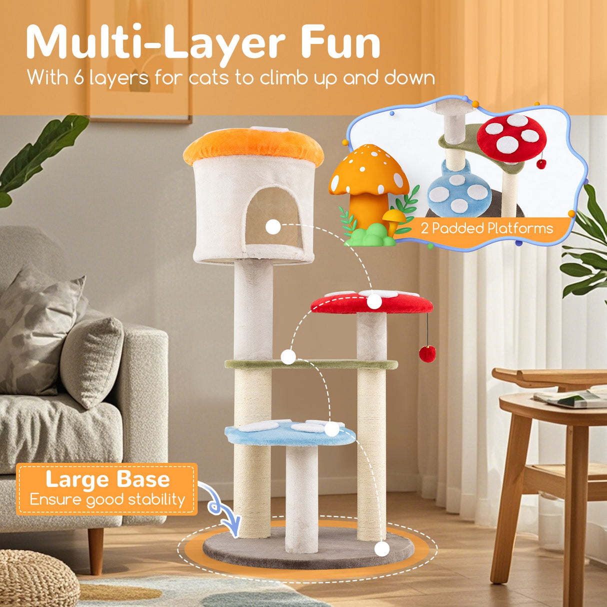 Bonito Árbol Rascador para Gatos con forma de Seta, Postes Rascadores de Sisal, Condo Superior y Plataformas Acolchadas-Multicolor