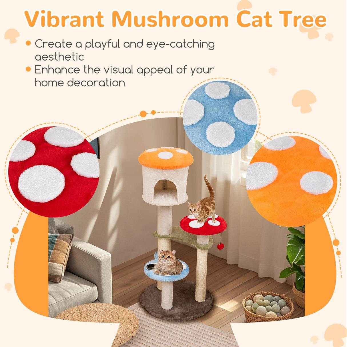 Bonito Árbol Rascador para Gatos con forma de Seta, Postes Rascadores de Sisal, Condo Superior y Plataformas Acolchadas-Multicolor