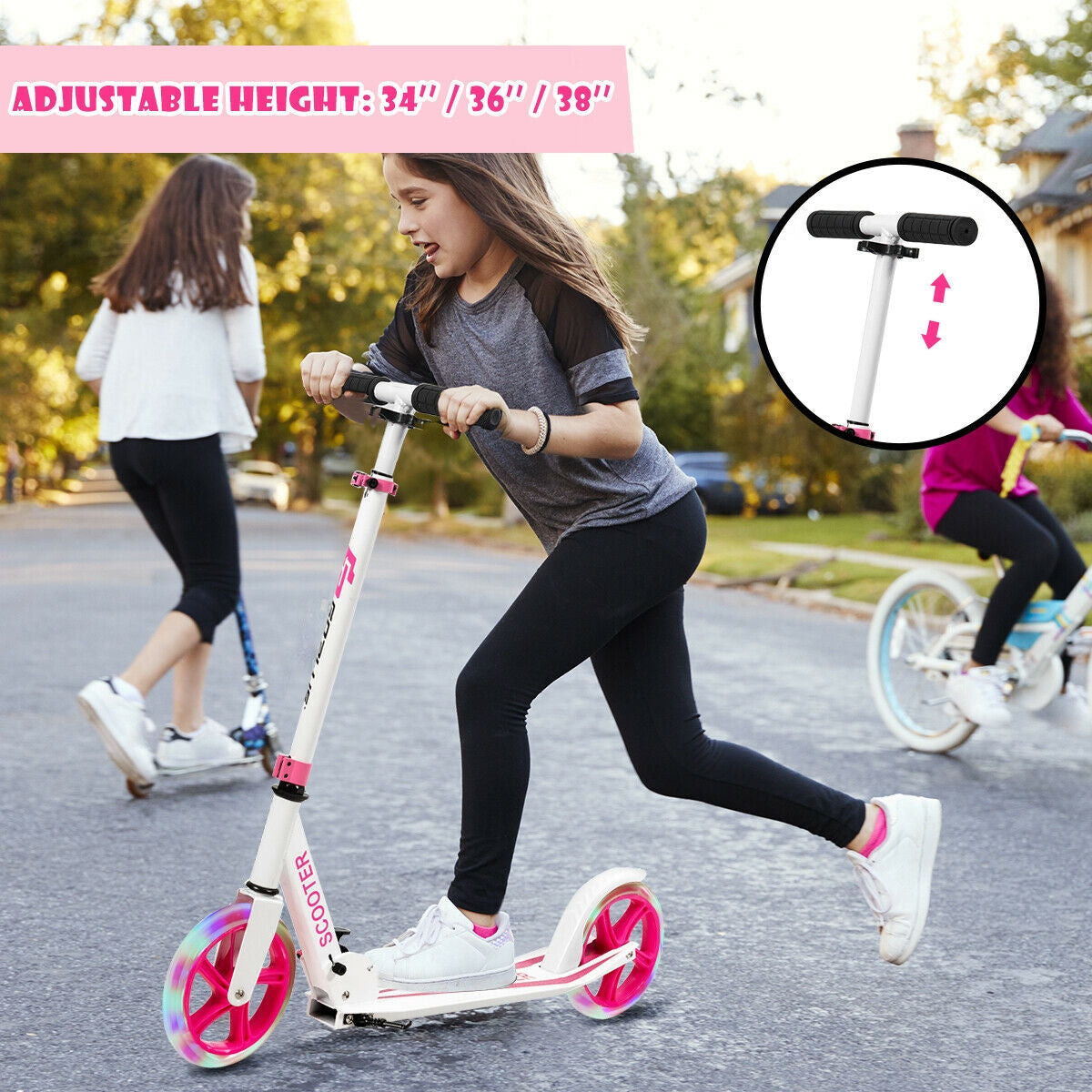 Patinete deportivo plegable portátil con ruedas LED-Rosa