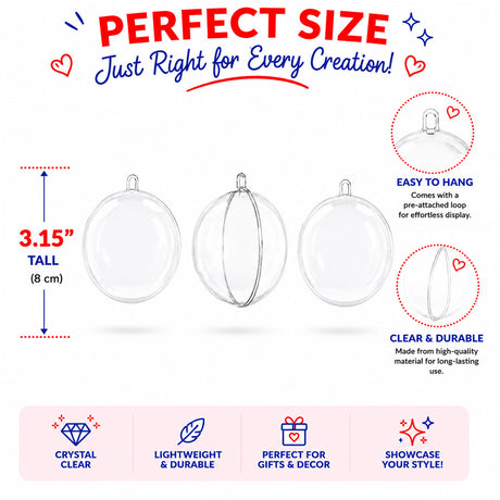 3.15-Inch Clear Plastic Fillable Christmas Ball Ornaments for DIY Projects: Set of 3