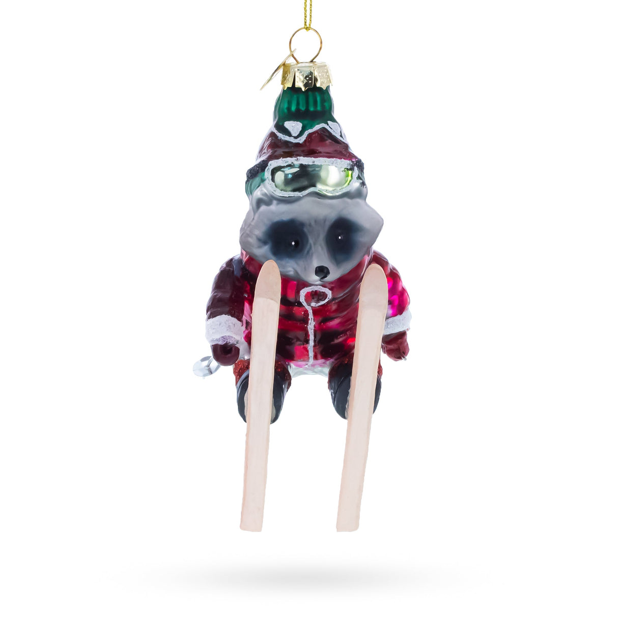 Raccoon Skier with Goggles Glass Christmas Ornament