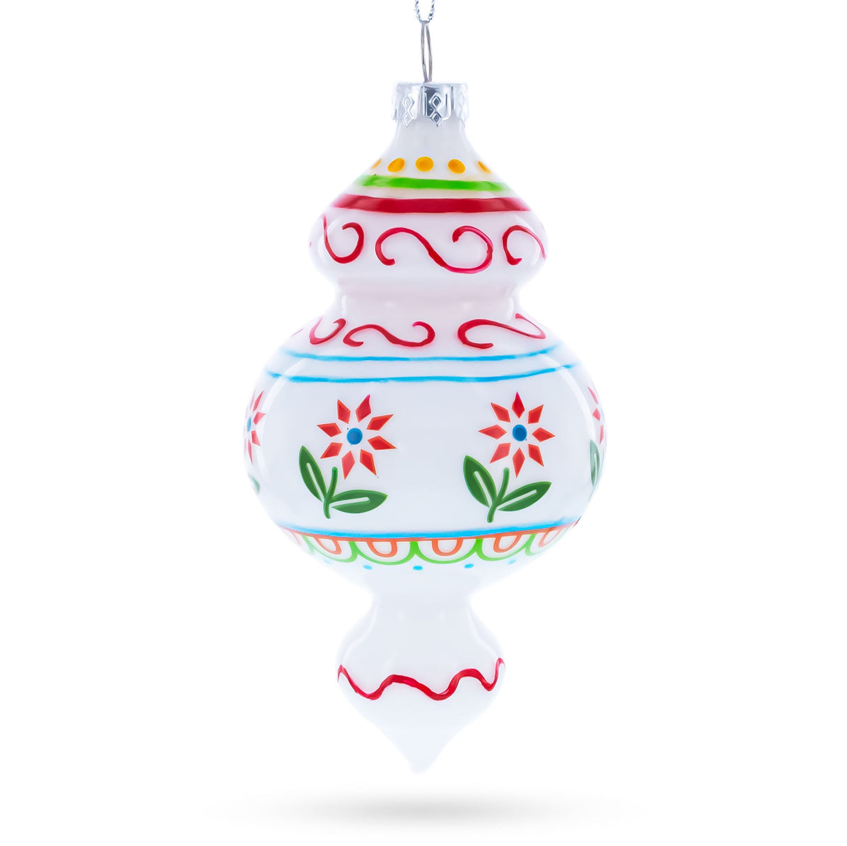 Red Flowers and Swirls Glass Christmas Ornament