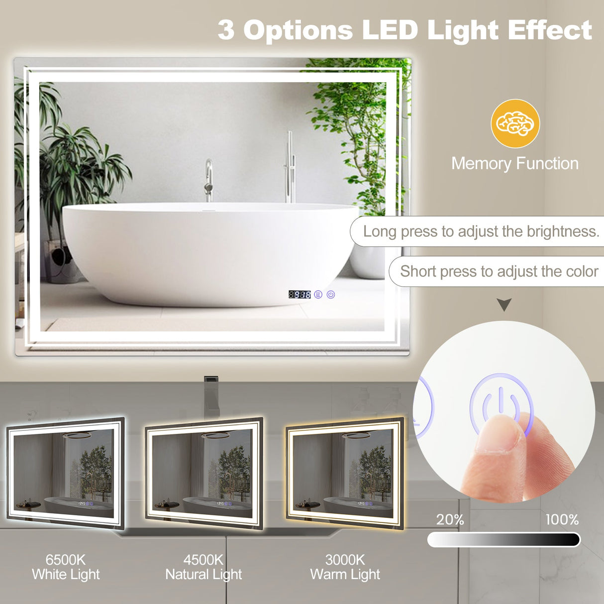Espejo de baño LED antivaho con función de memoria y antivaho