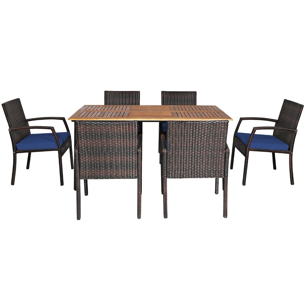 Juego de comedor de ratán acolchado de 7 piezas para patio con agujero para sombrilla