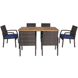 Juego de comedor de ratán acolchado de 7 piezas para patio con agujero para sombrilla