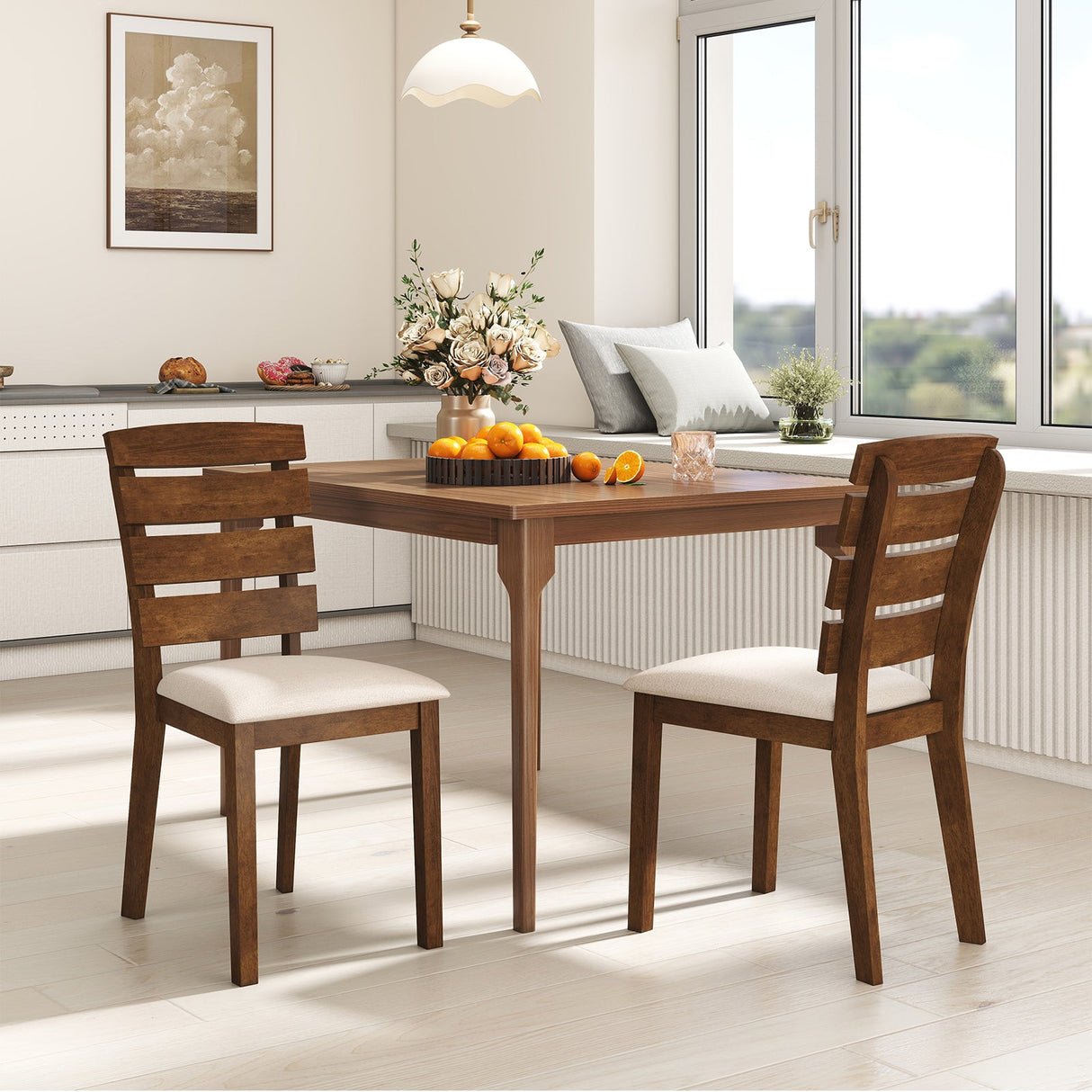 Juego de 2 sillas de comedor con respaldo alto de listones y patas de madera de caucho - Marrón
