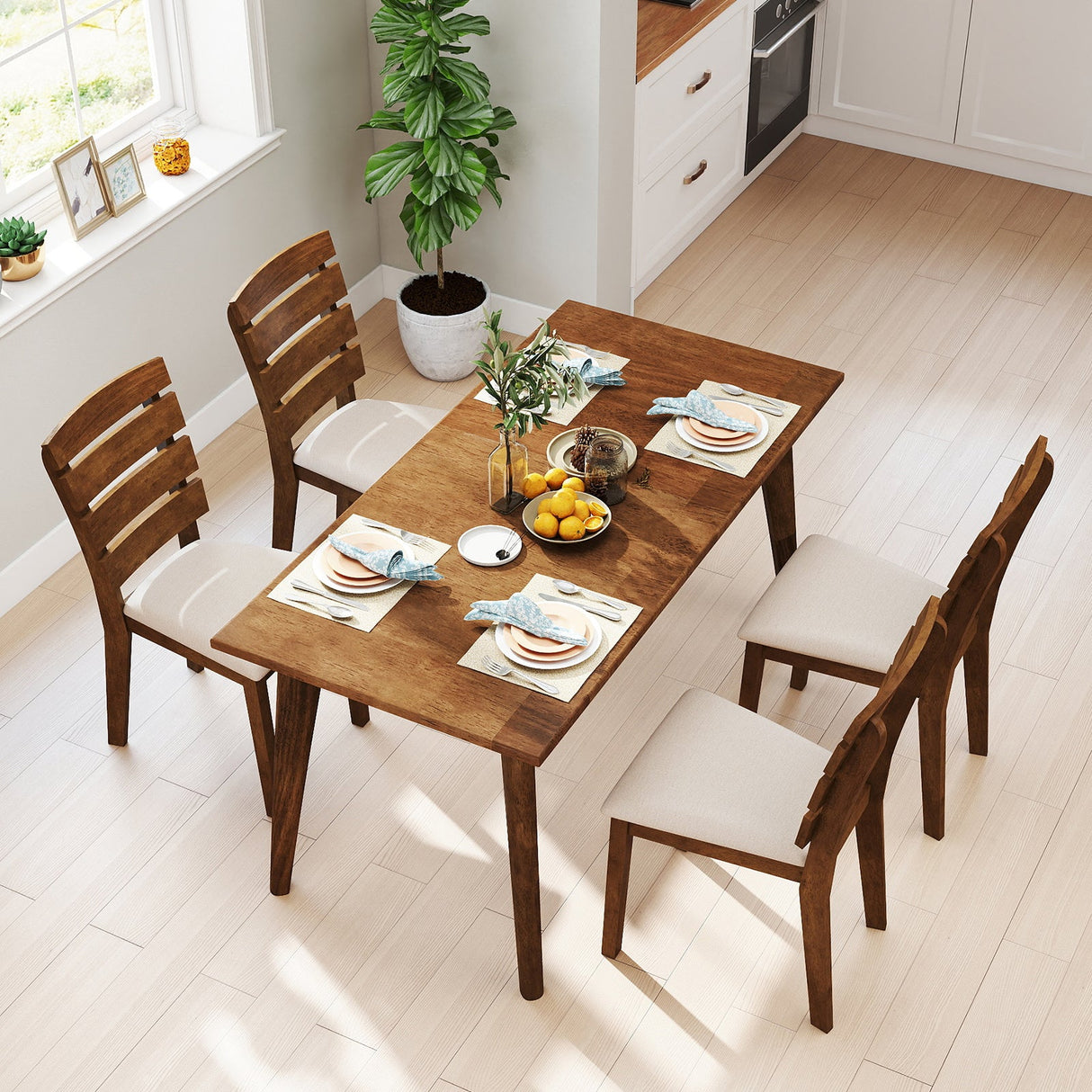 Juego de 2 sillas de comedor con respaldo alto de listones y patas de madera de caucho - Marrón
