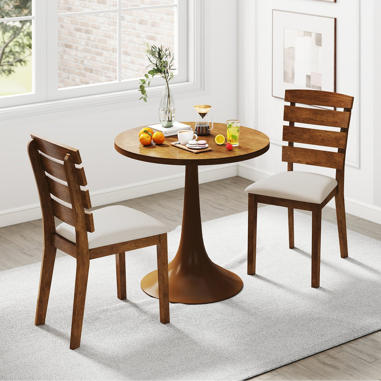 Juego de 2 sillas de comedor con respaldo alto de listones y patas de madera de caucho - Marrón