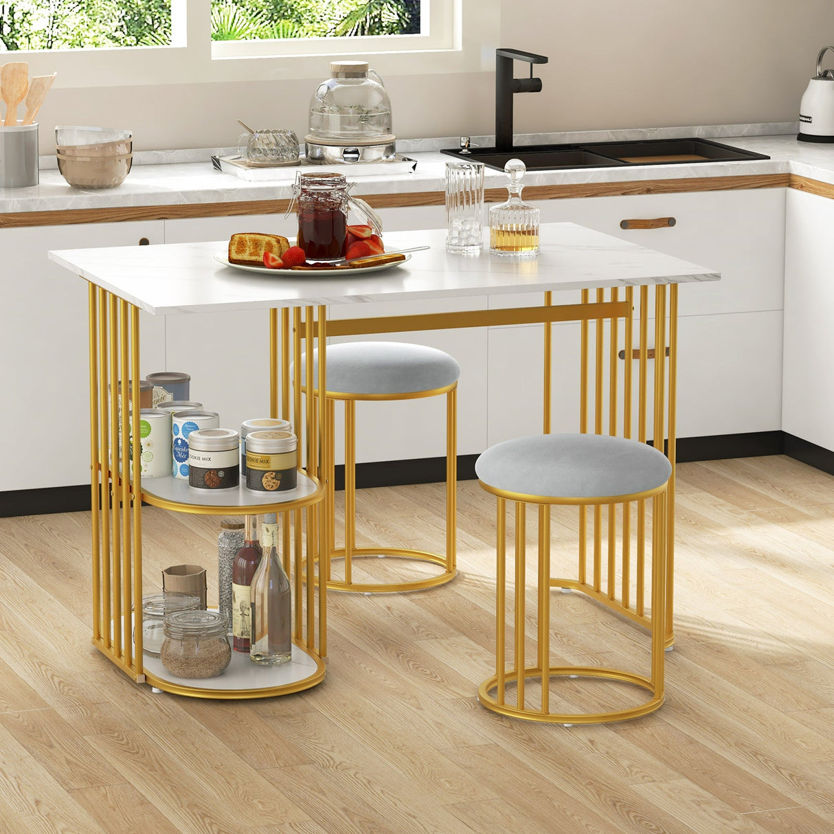 Mesa de comedor rectangular para 2 personas con estante de almacenamiento de 2 niveles para comedor de espacios pequeños - Blanca