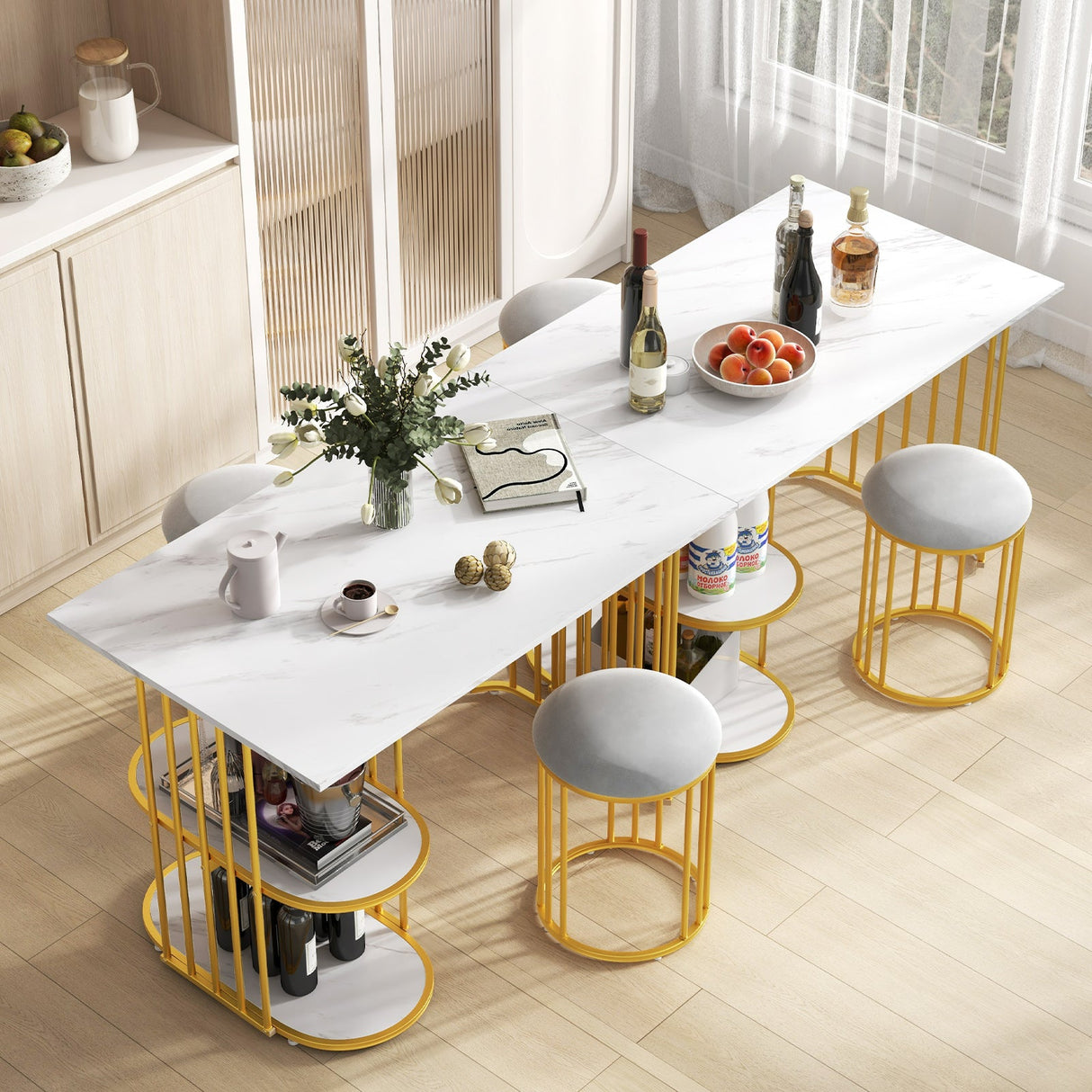 Mesa de comedor rectangular para 2 personas con estante de almacenamiento de 2 niveles para comedor de espacios pequeños - Blanca