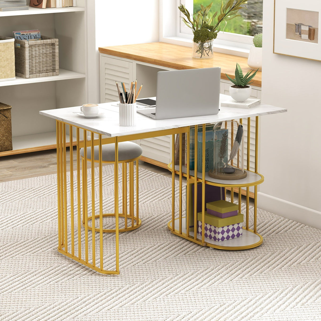 Mesa de comedor rectangular para 2 personas con estante de almacenamiento de 2 niveles para comedor de espacios pequeños - Blanca