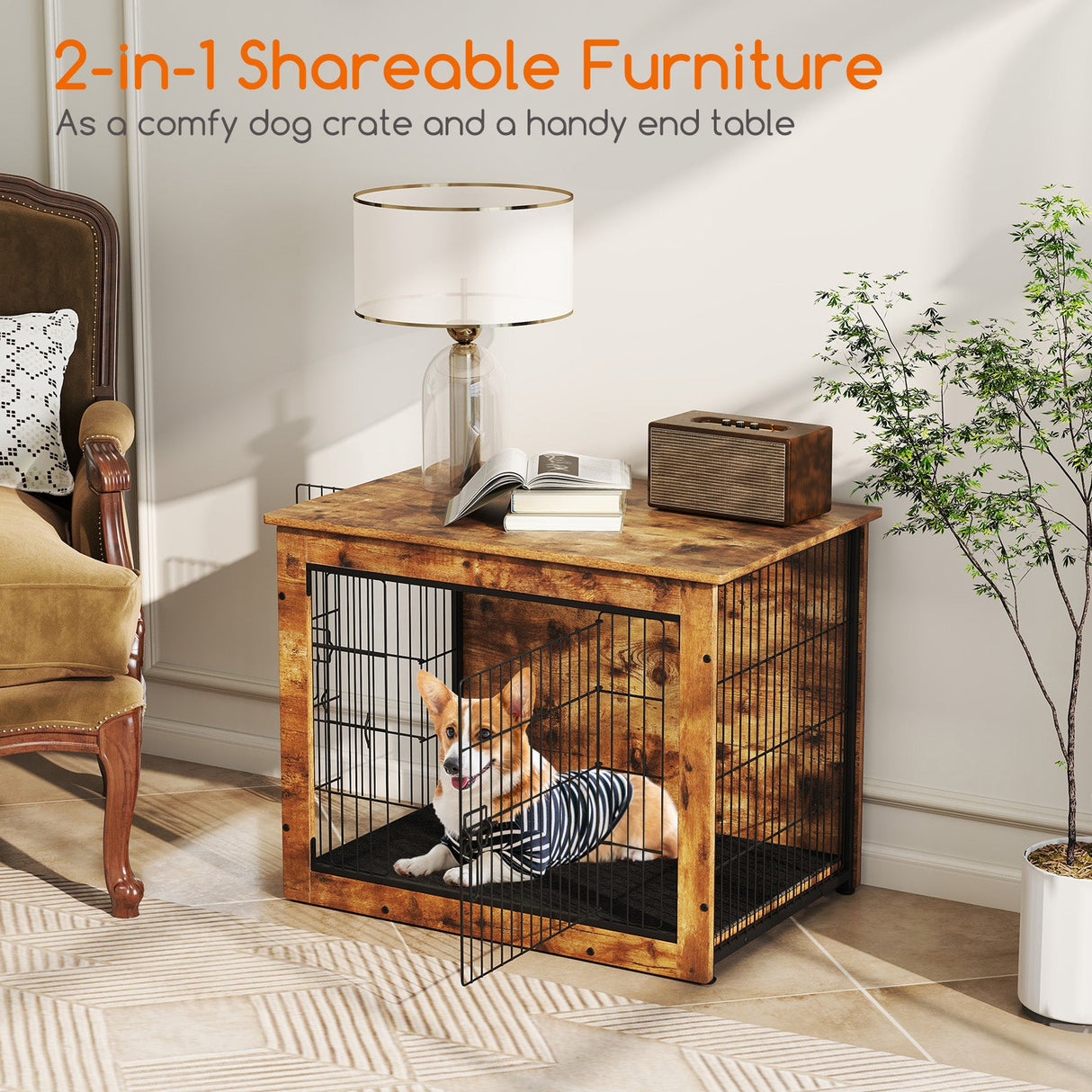 Mueble Jaula para Perros con Cojín y Doble Puerta para Perros Pequeños/Medianos