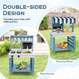 Double-sided Wooden Play Kitchen and Grocery Stand with Stoves for Kids 3+ Years Old