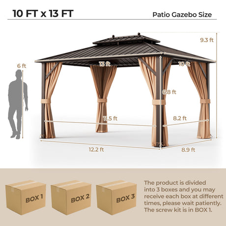 Cenador de patio con techo rígido de doble techo de 10x13 pies con techo de acero galvanizado, mosquiteros y cortinas - Café